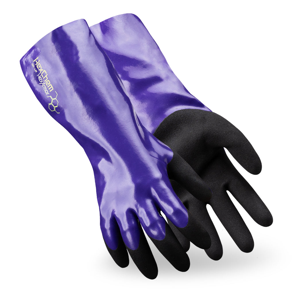 Purple HexChem 7041 chemical resistant gauntlet style gloves side by side as they might appear on your hands.