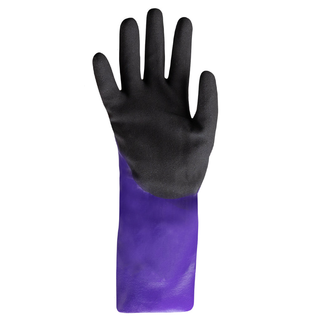 Palm view of purple HexChem 7041 chemical resistant gauntlet style glove.