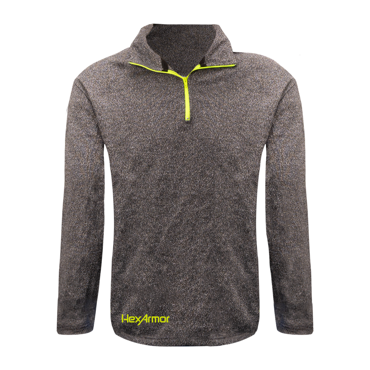 View of cut-resistant quarter-zip pullover as it would appear on the wearer.