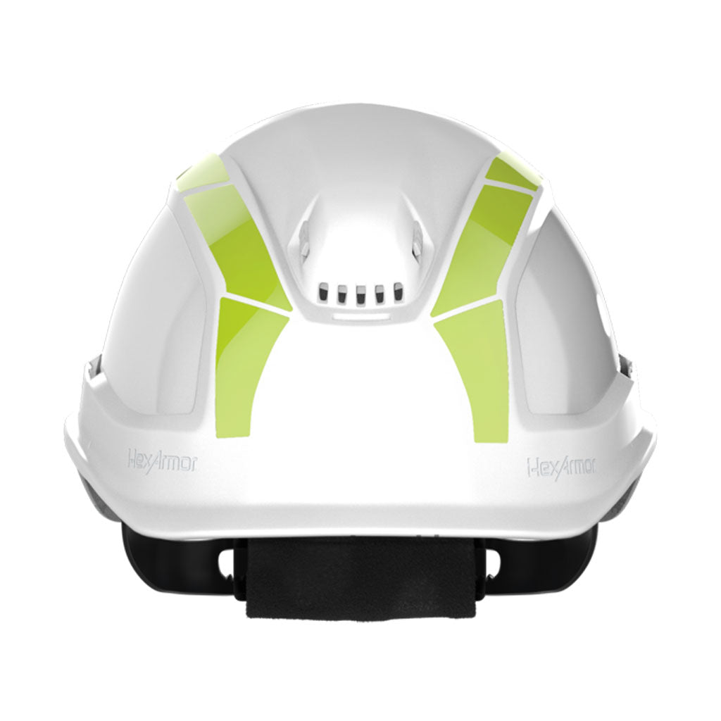 Hi-vis reflective stickers as shown on a safety helmet from the front.