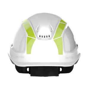 Hi-vis reflective stickers as shown on a safety helmet from the front.