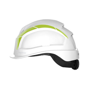 Hi-vis reflective stickers as shown on a safety helmet shown from the side.