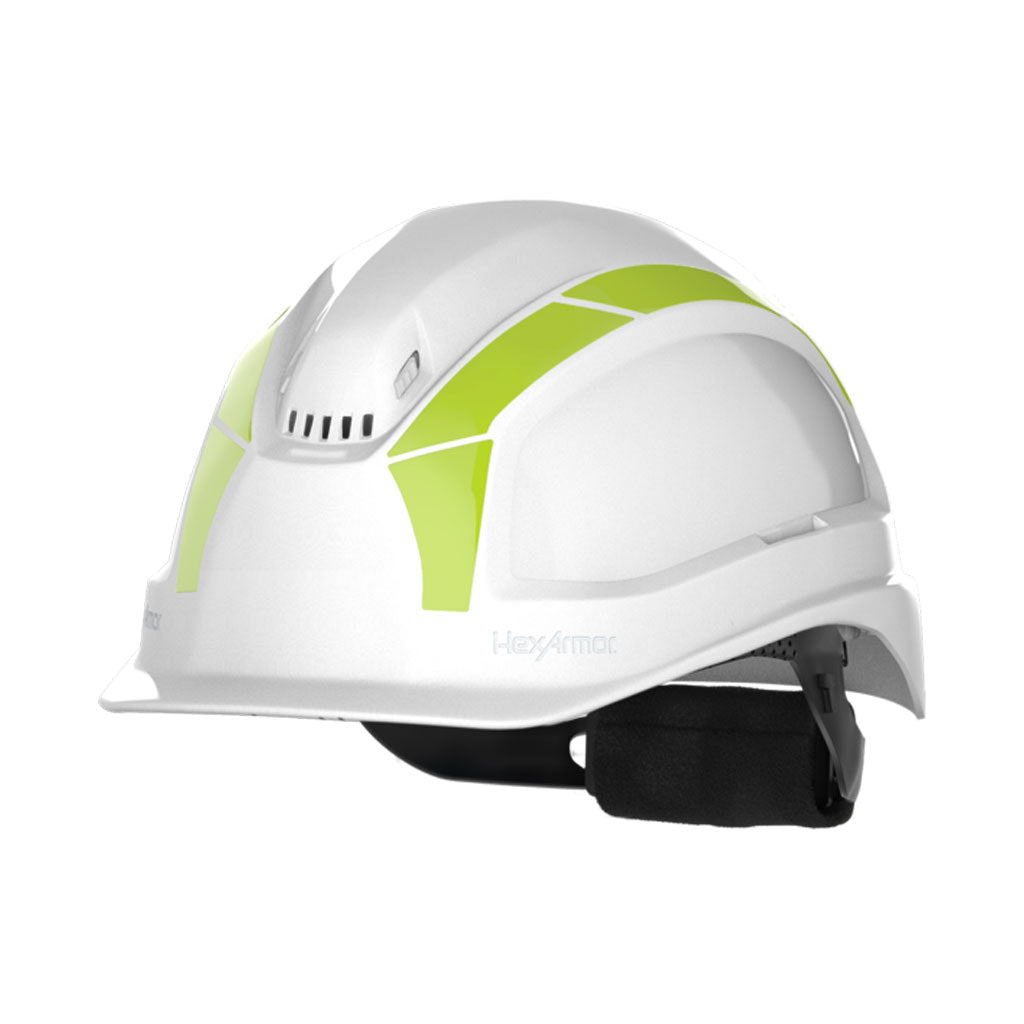 Hi-vis reflective stickers as shown on a safety helmet.