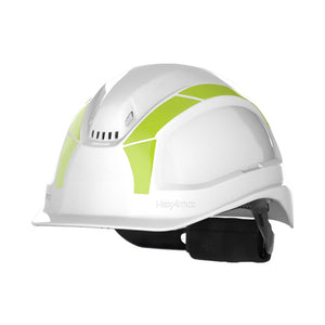 Hi-vis reflective stickers as shown on a safety helmet.