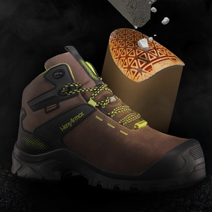 Up-close view of Xbase met guard work boot’s D3O® metatarsal protection