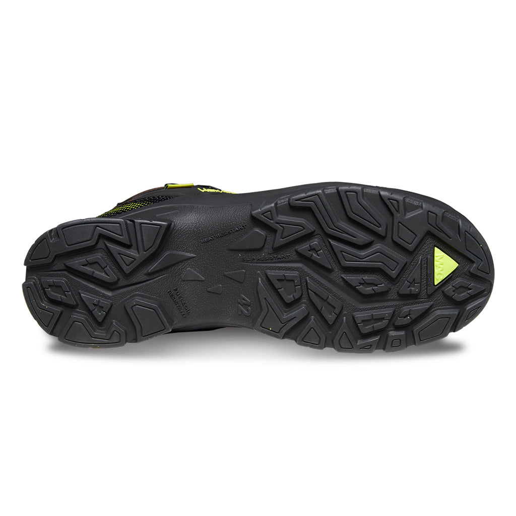 Bottom side of slip-resistant work boot showcasing the unique tread and MACSOLE rubber outsole.