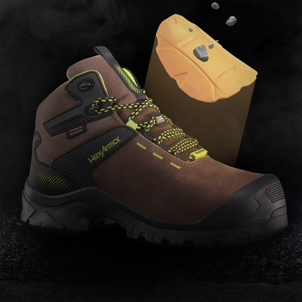 Up-close view of Xbase met guard work boot’s D3O® metatarsal protection