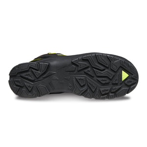 Bottom side of slip-resistant work boot showcasing the unique tread and MACSOLE rubber outsole.