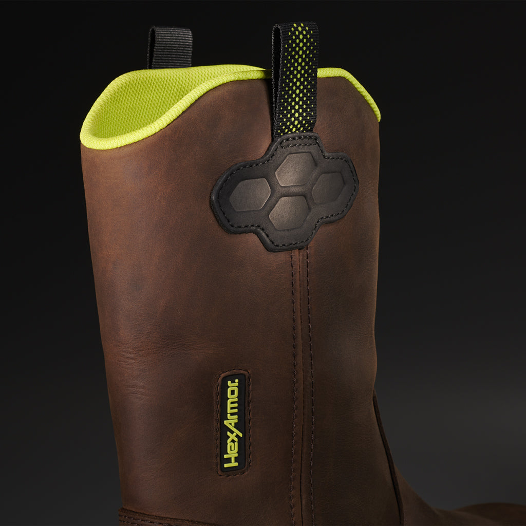 Up-close view of Xbuilt Wellington work boot’s pull tabs for easy on/off