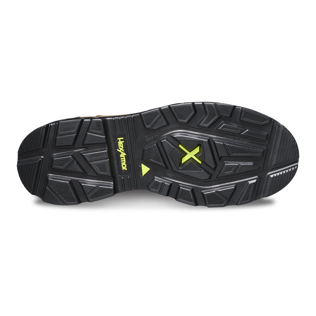 Bottom side of slip-resistant work boot showcasing the unique tread and MACSOLE rubber outsole.