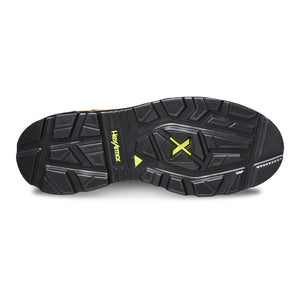 Bottom side of slip-resistant work boot showcasing the unique tread and MACSOLE rubber outsole.