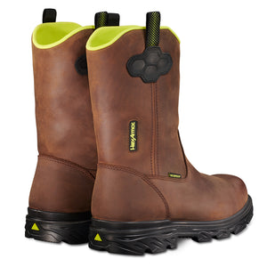 Back side of lightweight work boot showcasing Xbuilt’s hi-vis details on the liner and heel.