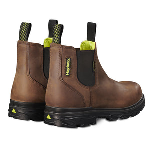 Back side of lightweight work boot showcasing Xbuilt’s hi-vis details on the liner and heel.