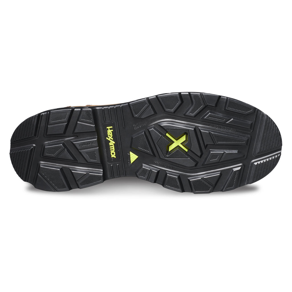Bottom side of slip-resistant work boot showcasing the unique tread and MACSOLE rubber outsole.