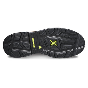 Bottom side of slip-resistant work boot showcasing the unique tread and MACSOLE rubber outsole.