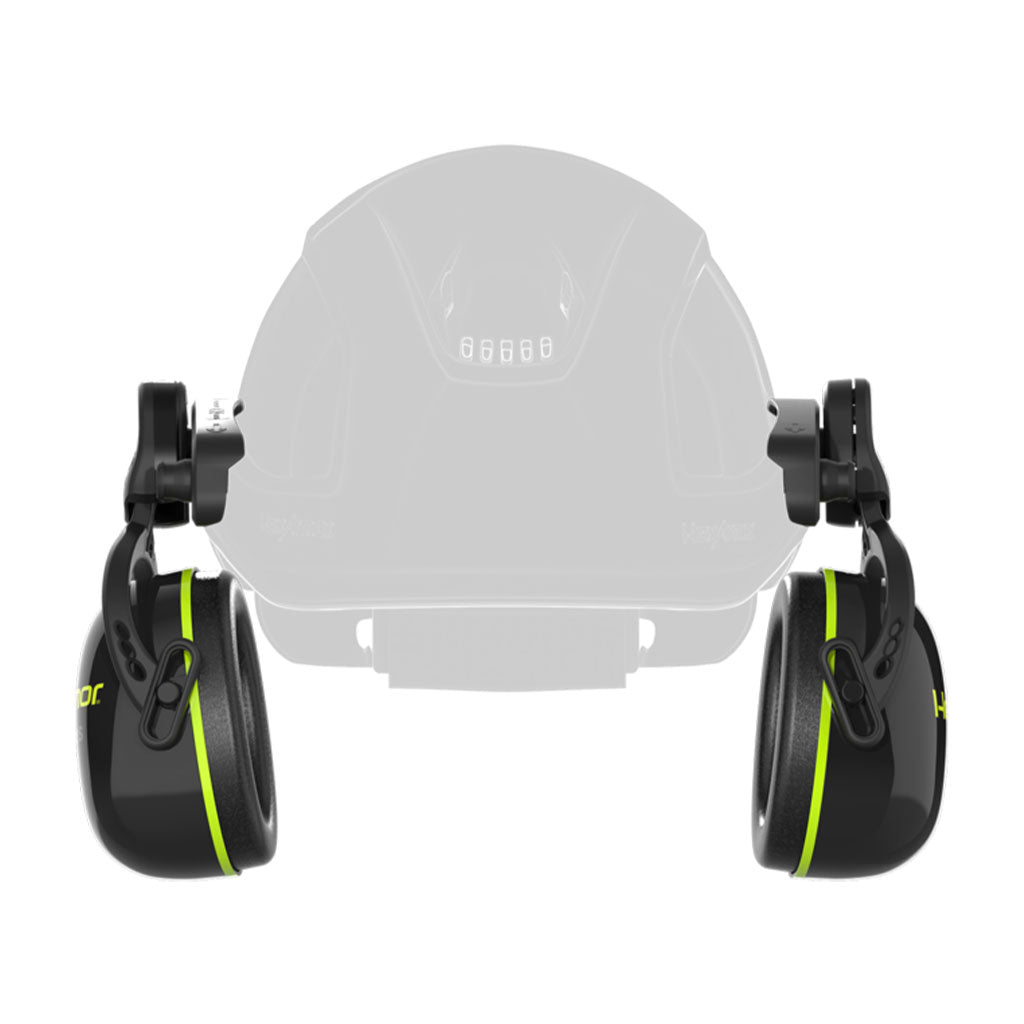 K-Series® Ceros® K2M mechanical earmuffs attached to helmet front view