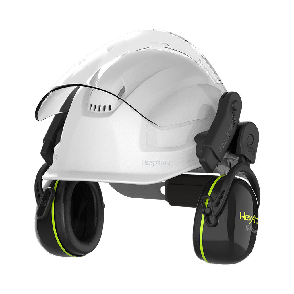 K-Series® Ceros® K2M mechanical earmuffs attached to helmet with face shield attached also