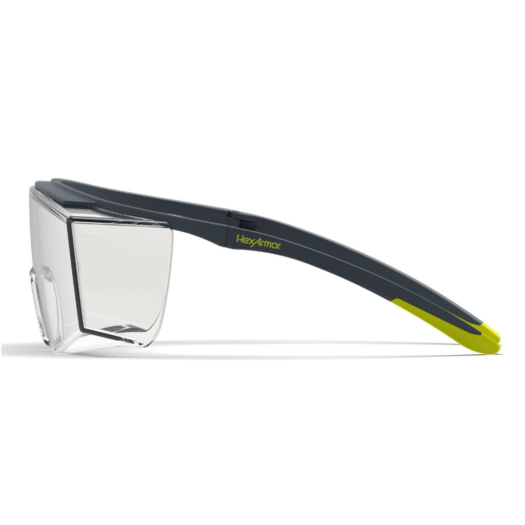 LT250 anti-fog safety glasses from the side showcasing the depth of the lens to fit over glasses.