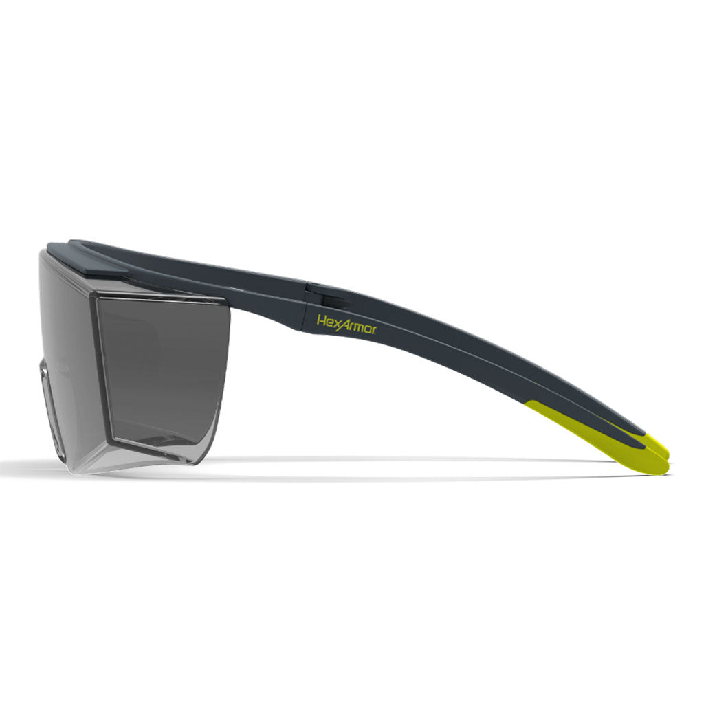 LT250  grey anti-fog safety glasses from the side showcasing the depth of the lens to fit over glasses.