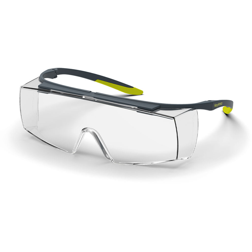 Grey and yellow LT250 OTG safety glasses shown as they are sitting on a table.