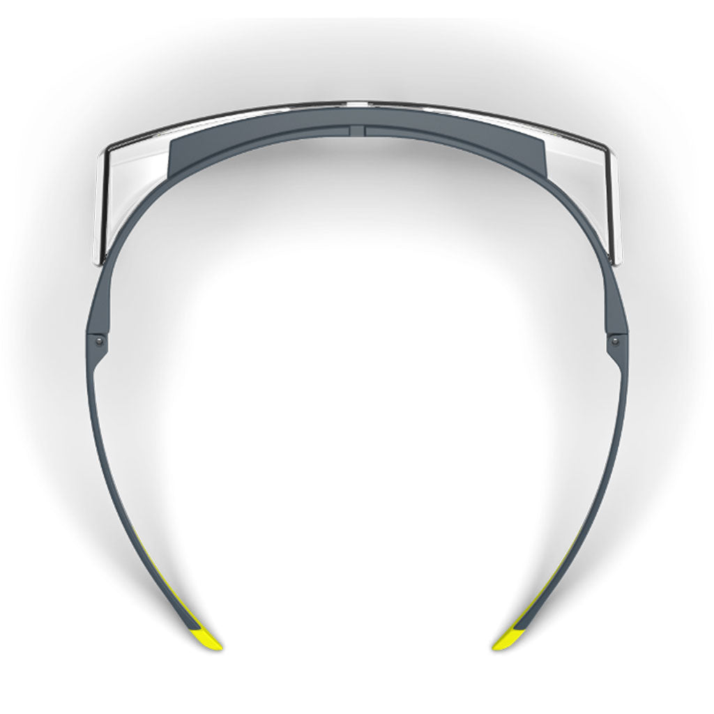 Grey and yellow LT250 OTG safety glasses shown as they are sitting on a table.