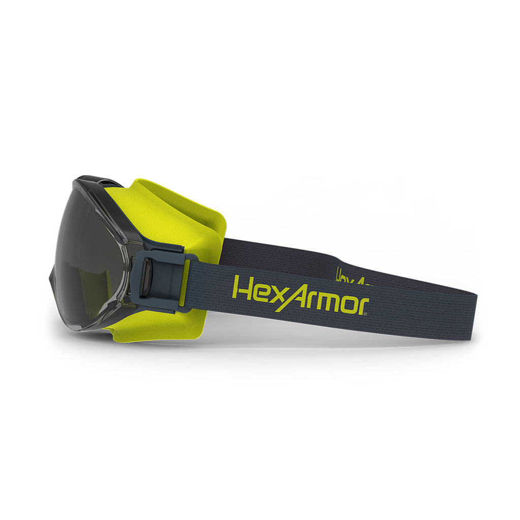 LT300 grey anti-fog safety goggles from the side showcasing the HexArmor logo on the strap.