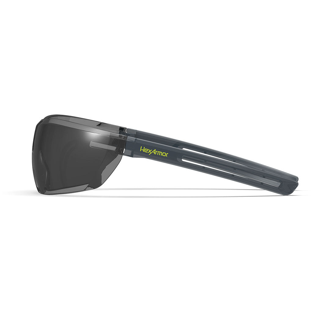 LT400 grey anti-fog safety glasses from the side showcasing the HexArmor logo on the frame.