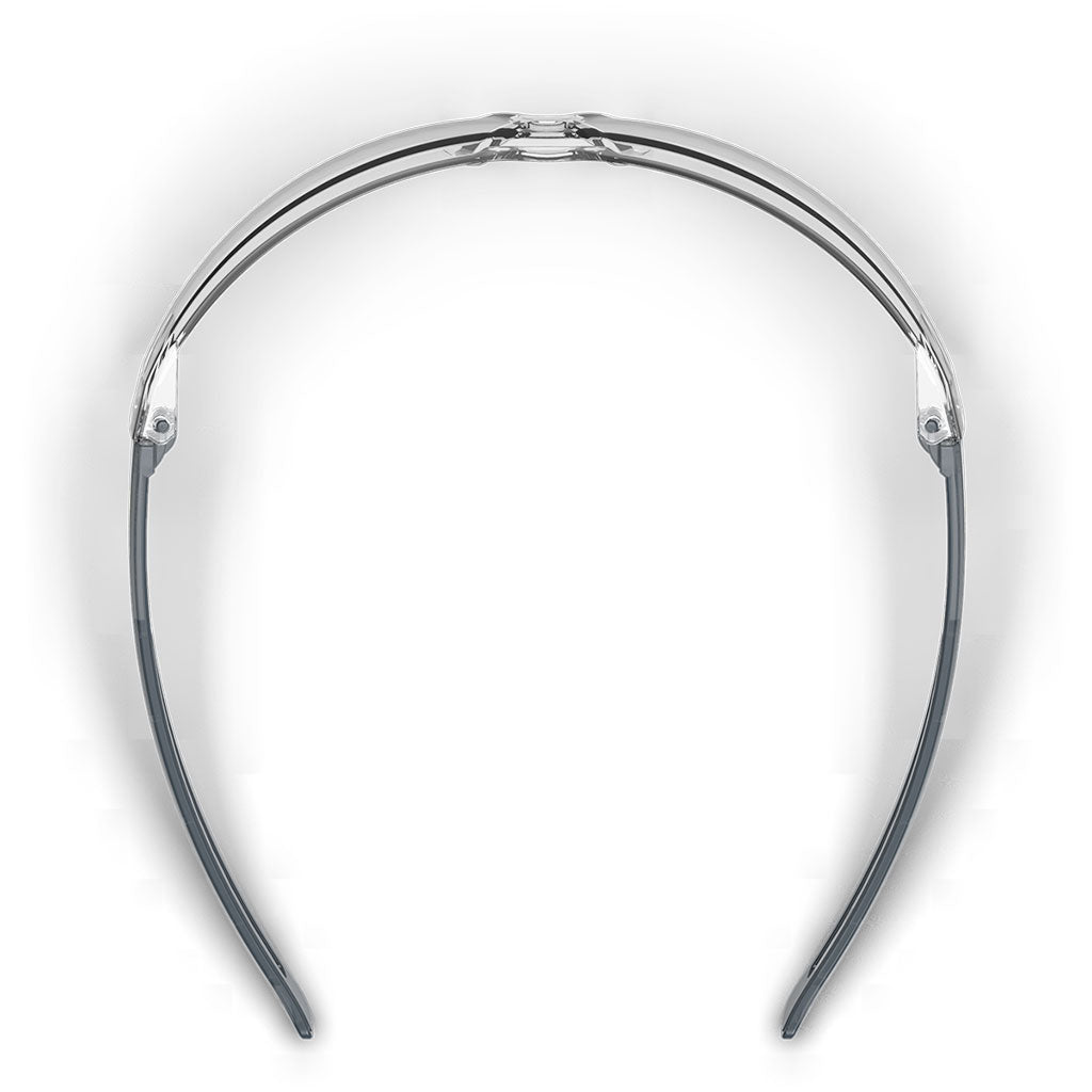 LT400 scratch-resistant safety glasses from the top-down showcasing the nose piece and temples.