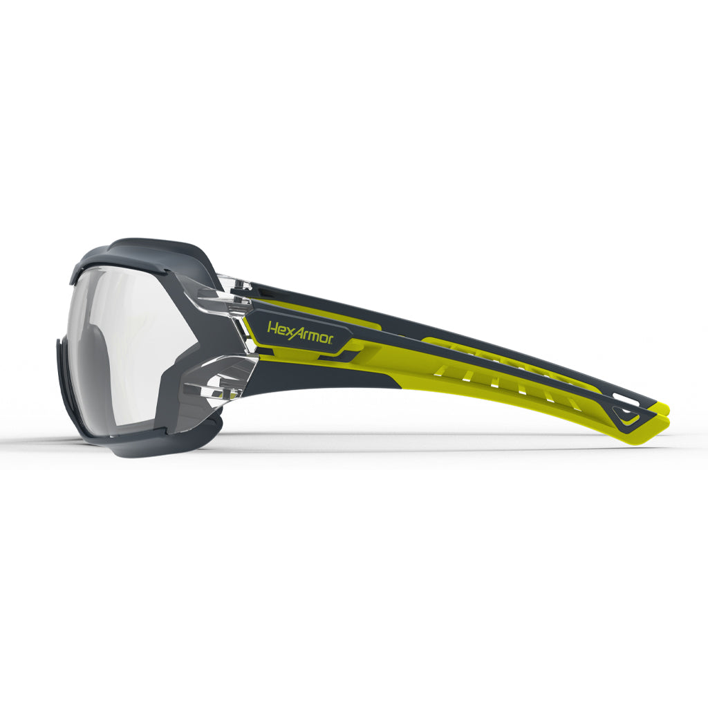 MX225G anti-fog safety glasses with gasket from the side showcasing the HexArmor logo on the frame.