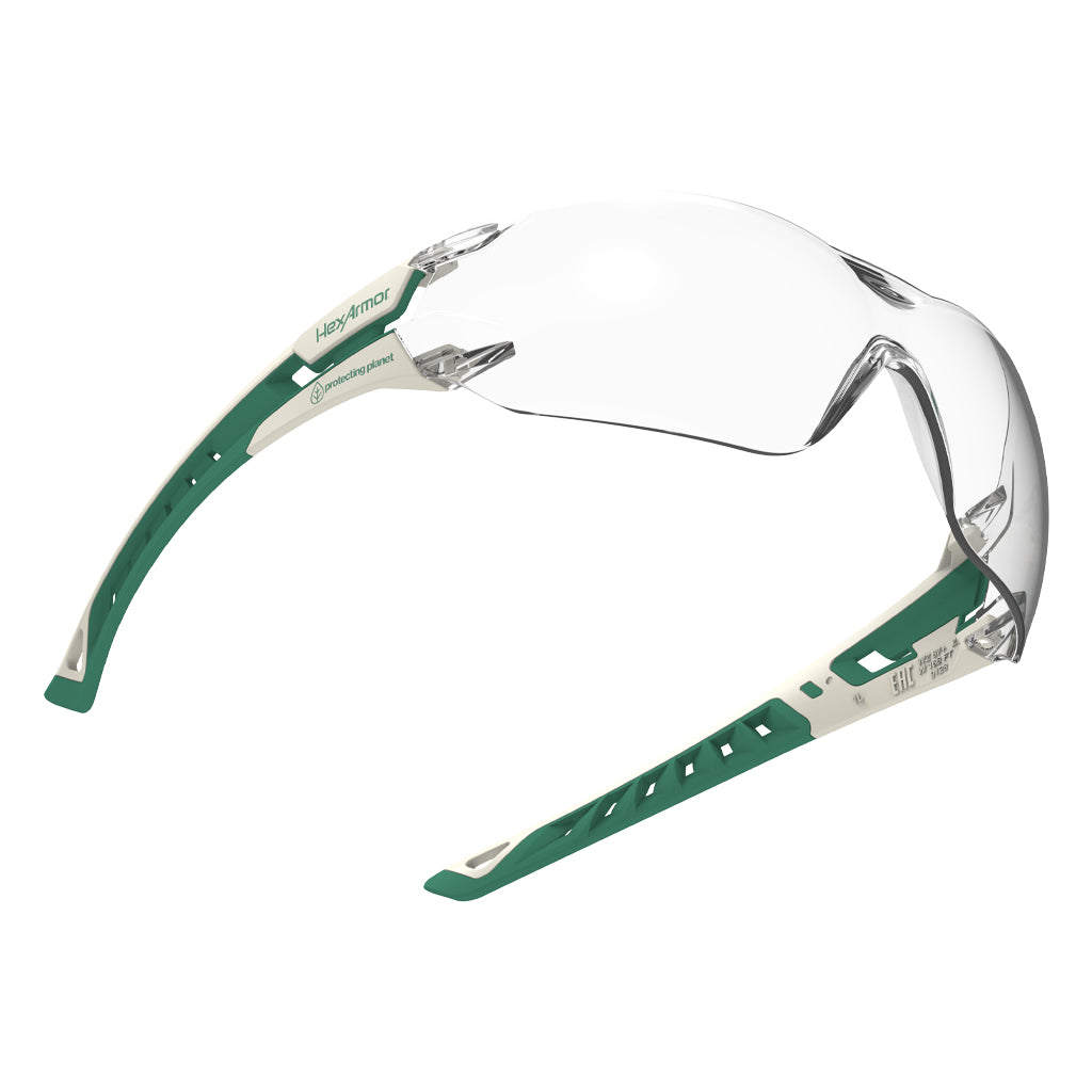 Floating white and green MX225 planet series sustainable premium safety glasses showcasing the optical clarity of the lenses.
