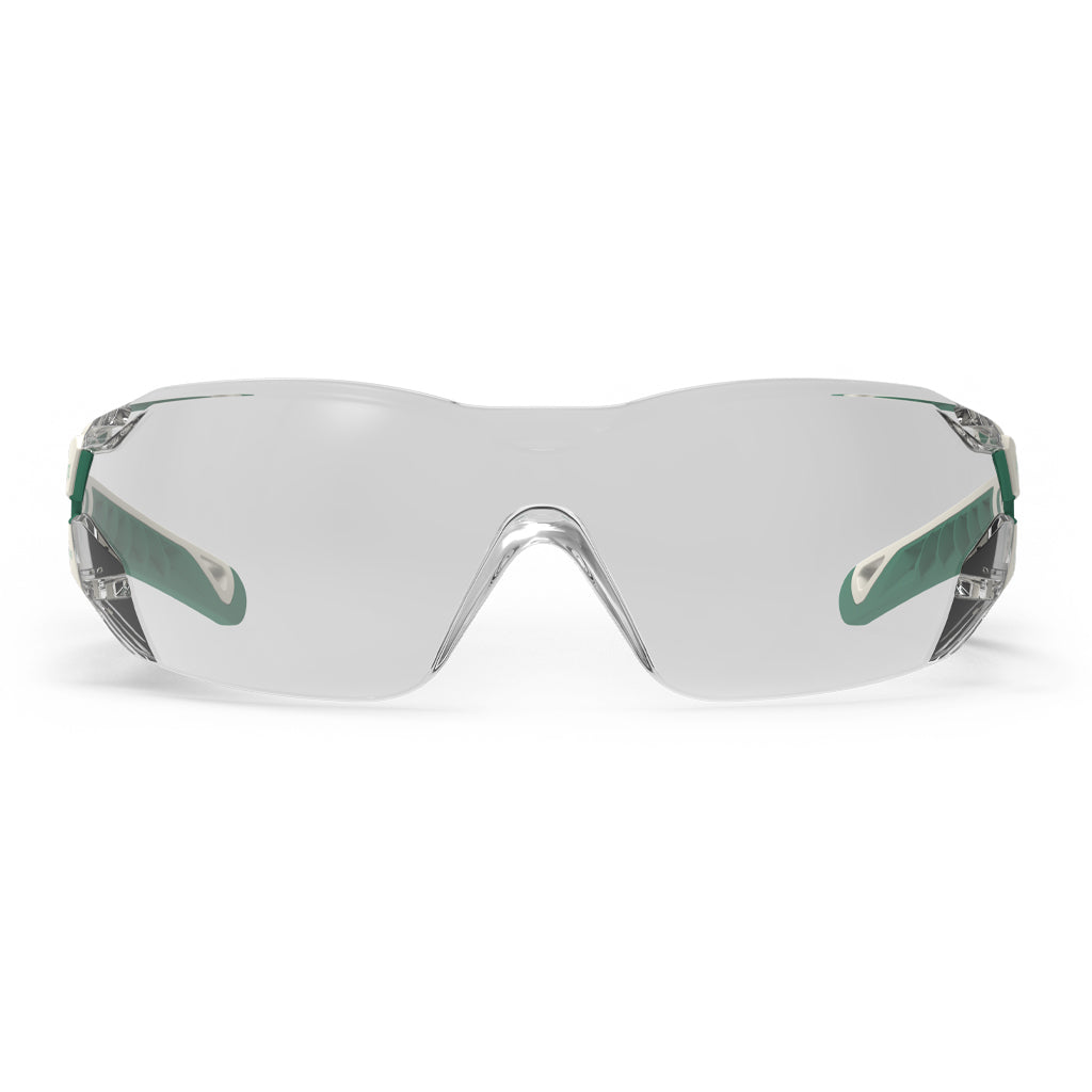 White and green MX225 planet series sustainable scratch-resistant safety glasses as shown from the front.