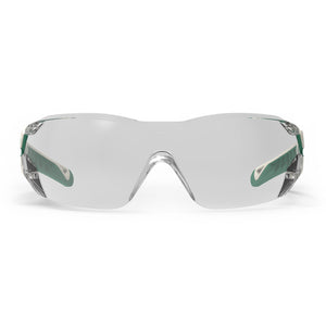 White and green MX225 planet series sustainable scratch-resistant safety glasses as shown from the front.