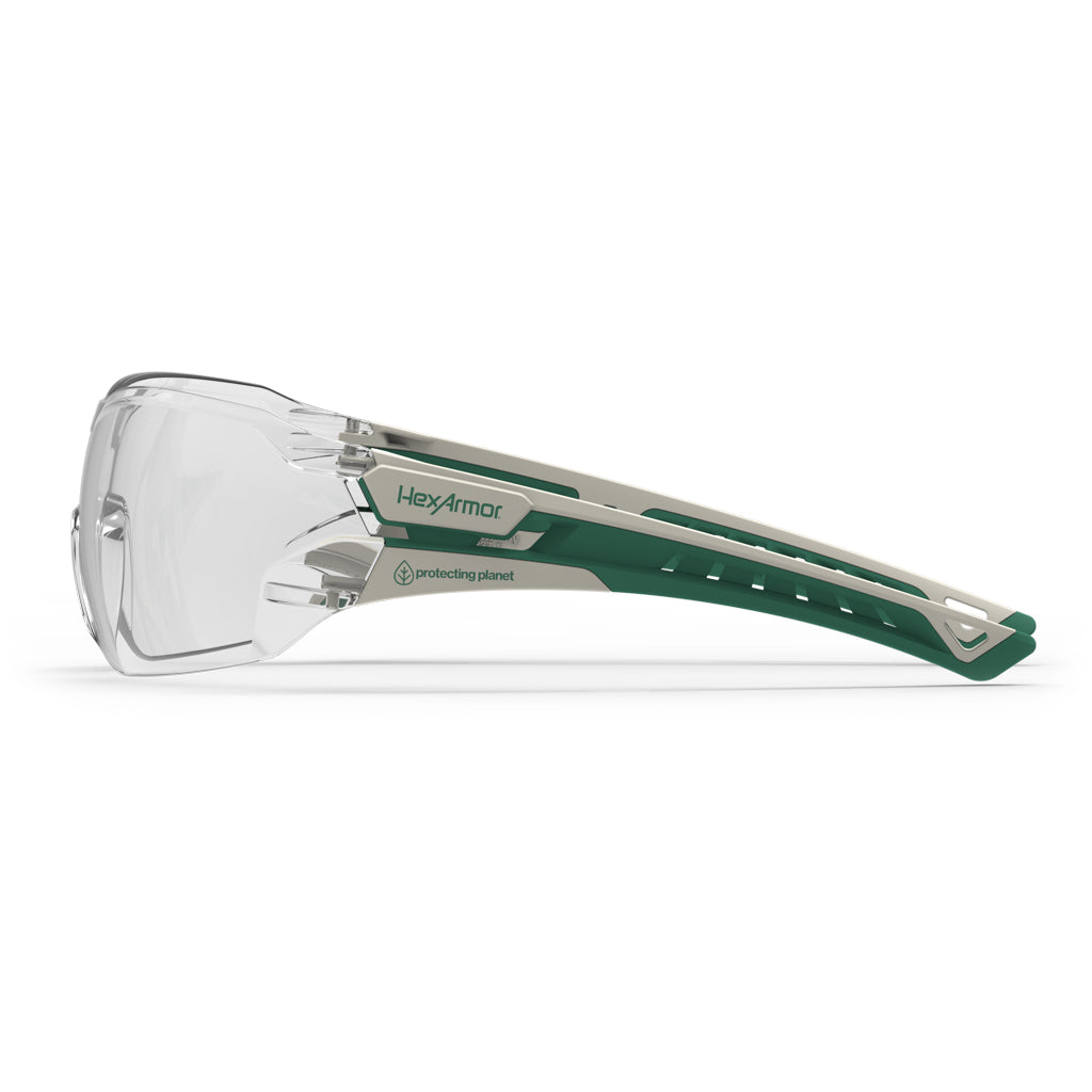 White and green MX225 planet series sustainable anti-fog safety glasses safety glasses from the side showcasing the HexArmor logo on the frame.