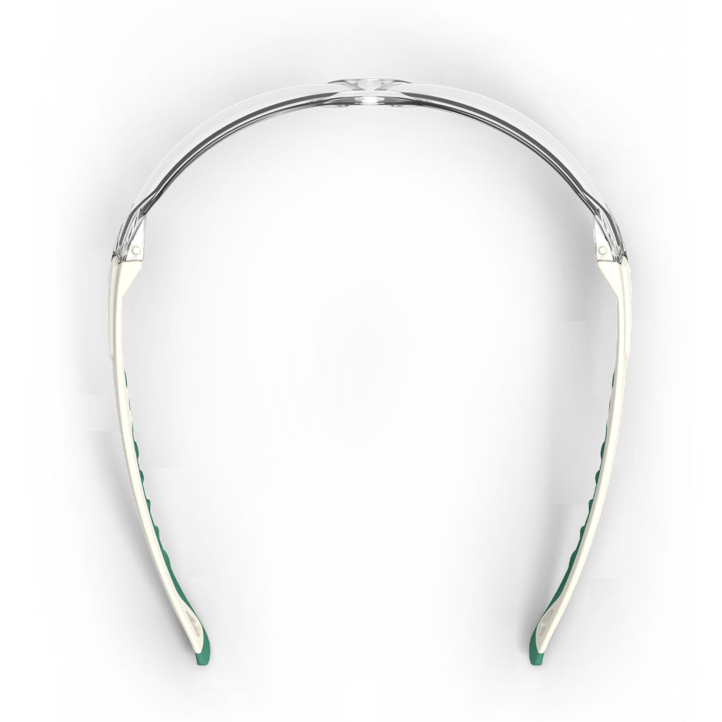 White and green MX225 planet series sustainable scratch-resistant safety glasses from the top-down showcasing the nose piece.
