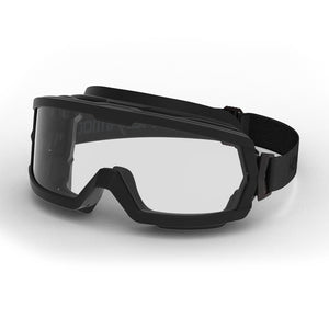 Black MX600 wildland safety goggles shown as they are sitting on a table.