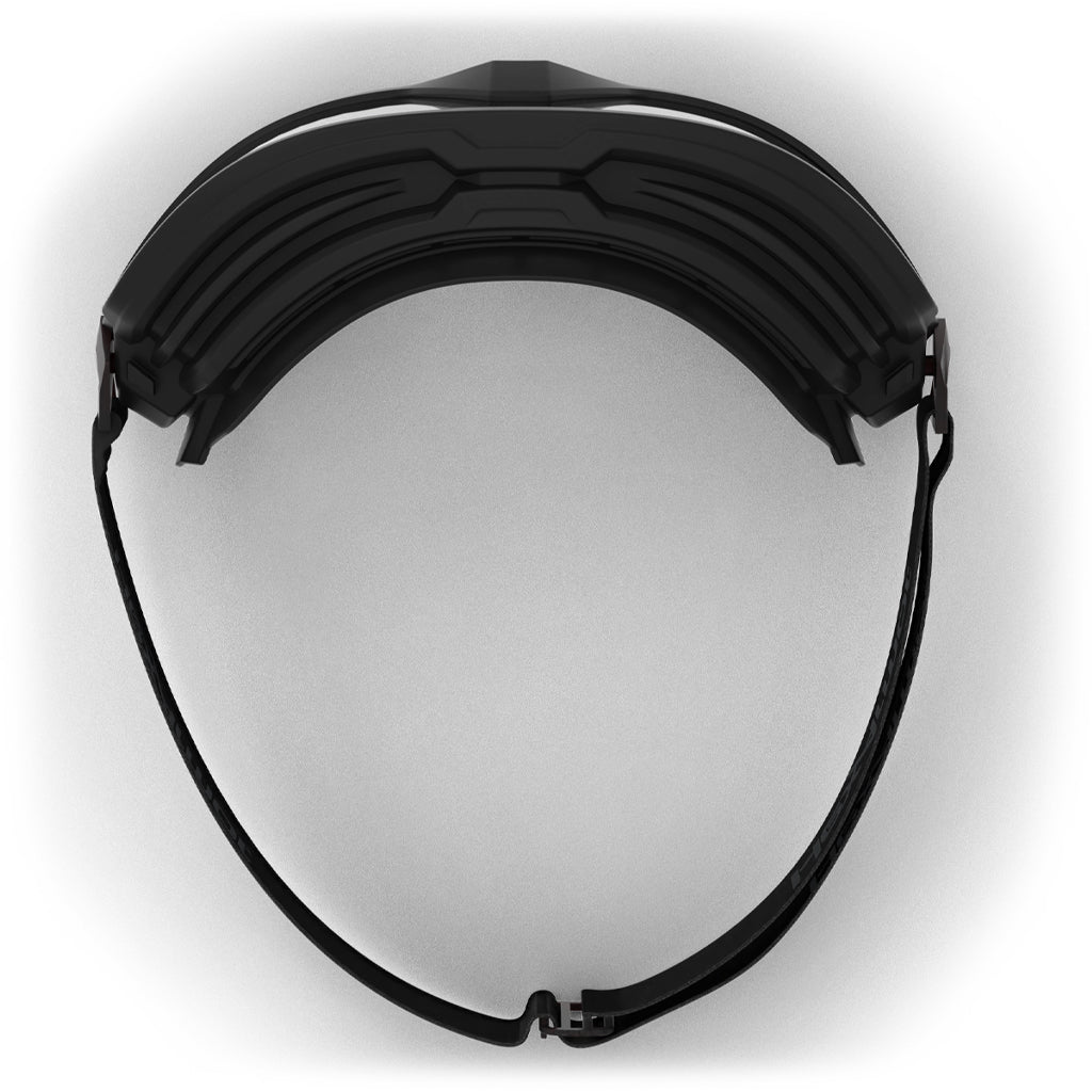 All black MX600 anti-fog safety goggles from the top-down showcasing the strap and soft seal.