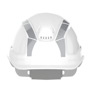 Silver reflective stickers as shown on a safety helmet from the front.