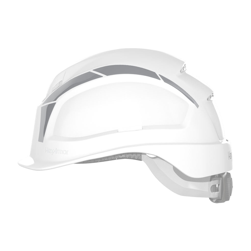 Silver reflective stickers as shown on a safety helmet shown from the side.
