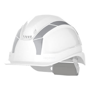 Silver reflective stickers as shown on a safety helmet.
