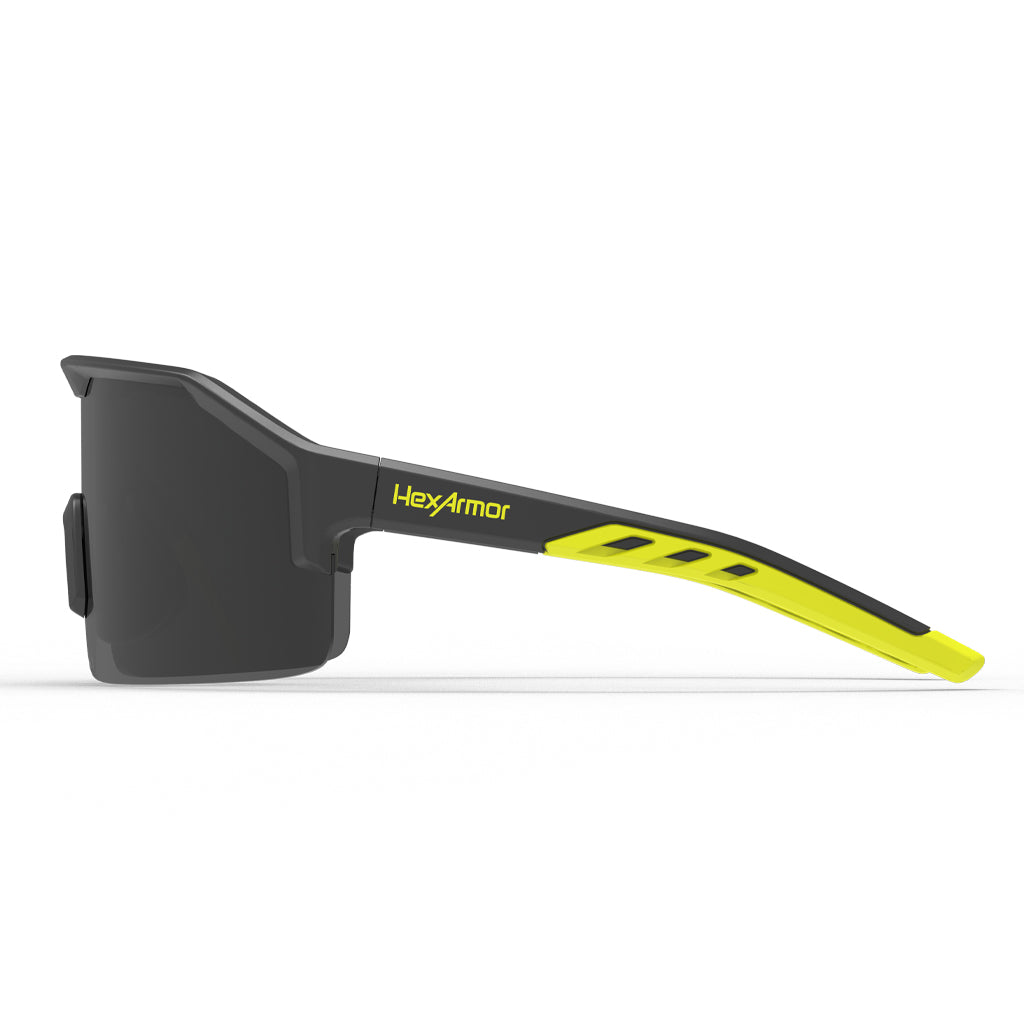 Shockwave safety glasses from the side showcasing the HexArmor logo on the frame.