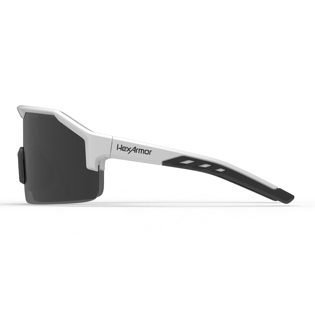 Shockwave safety glasses from the side showcasing the HexArmor logo on the frame.
