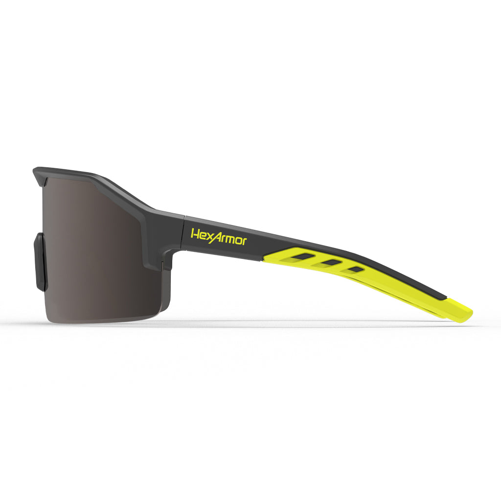 Shockwave safety glasses from the side showcasing the HexArmor logo on the frame.