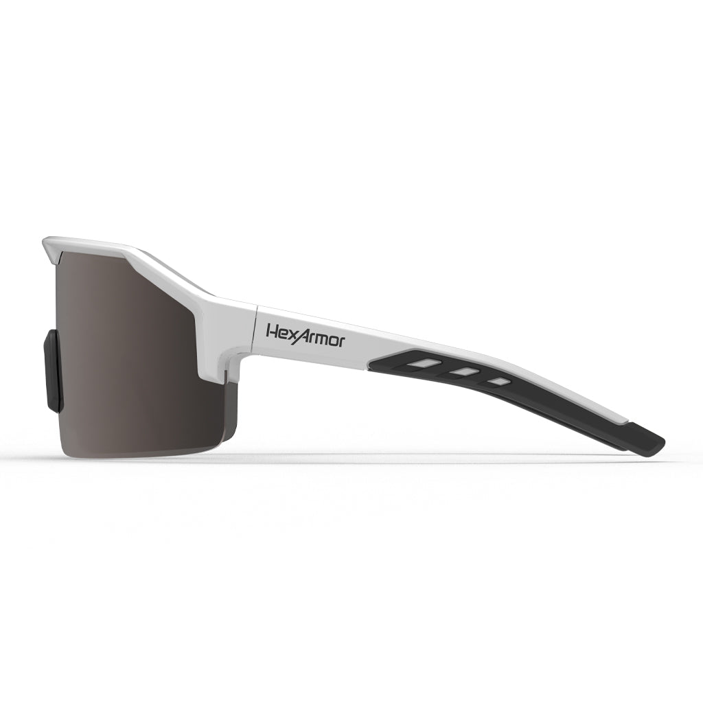 Shockwave safety glasses from the side showcasing the HexArmor logo on the frame.