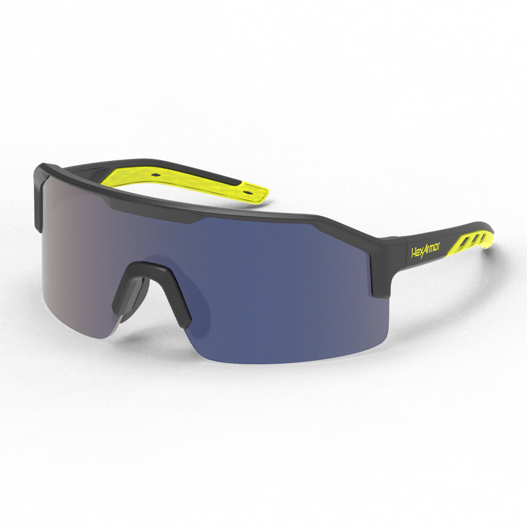Shockwave safety glasses shown as they are sitting on a table.