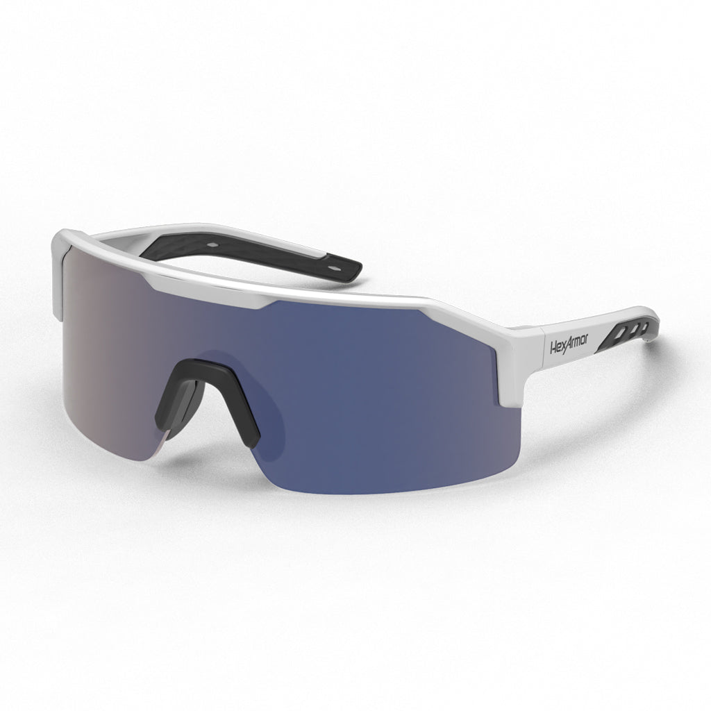 Shockwave safety glasses shown as they are sitting on a table.