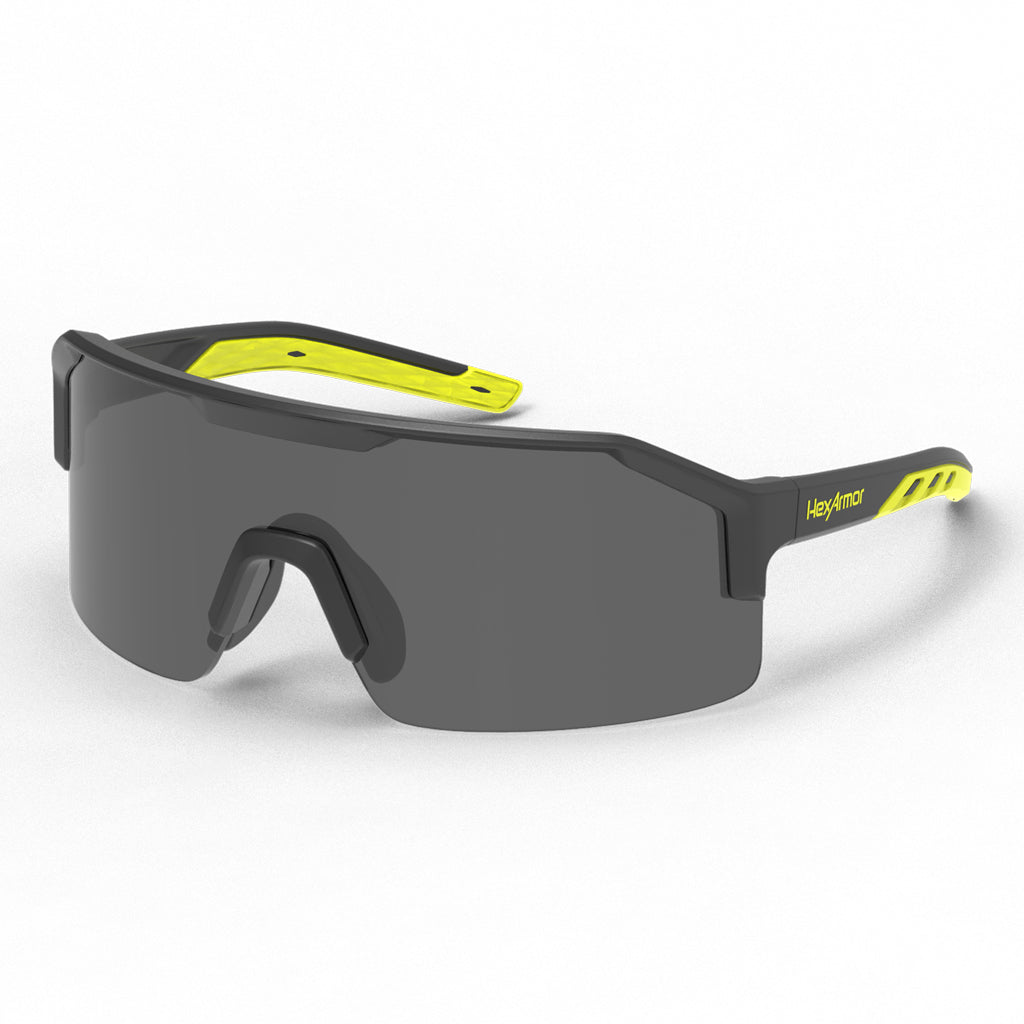 Shockwave safety glasses shown as they are sitting on a table.