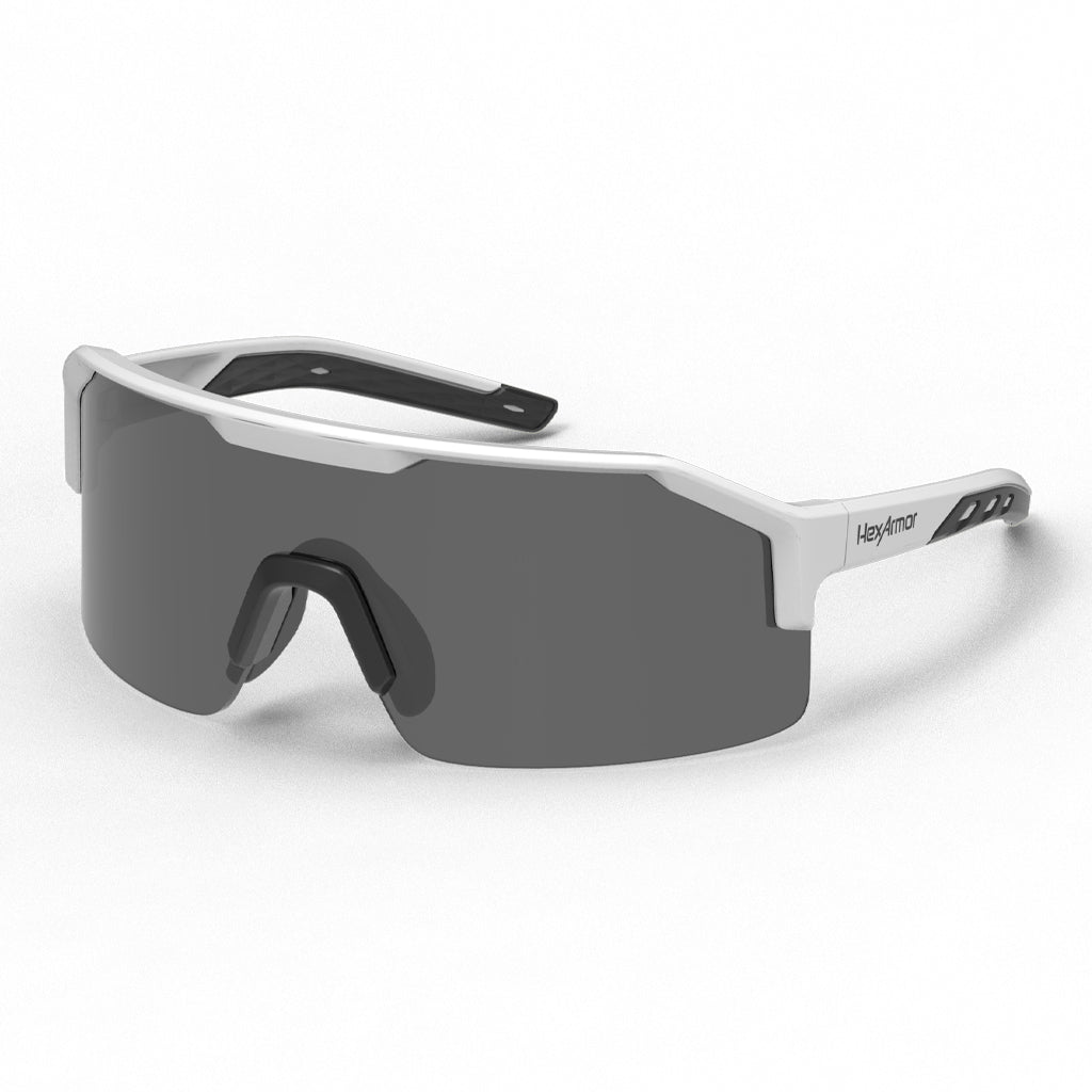 Shockwave safety glasses shown as they are sitting on a table.
