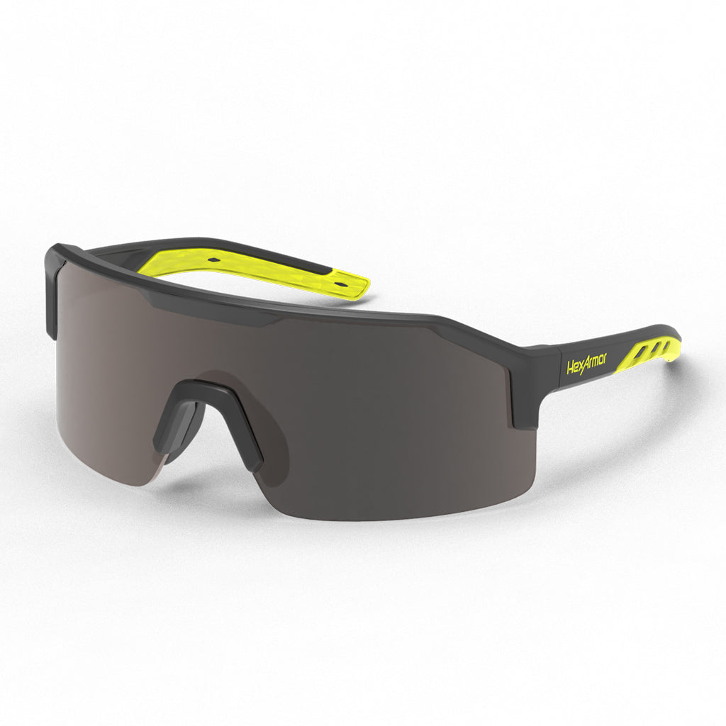 Shockwave safety glasses shown as they are sitting on a table.