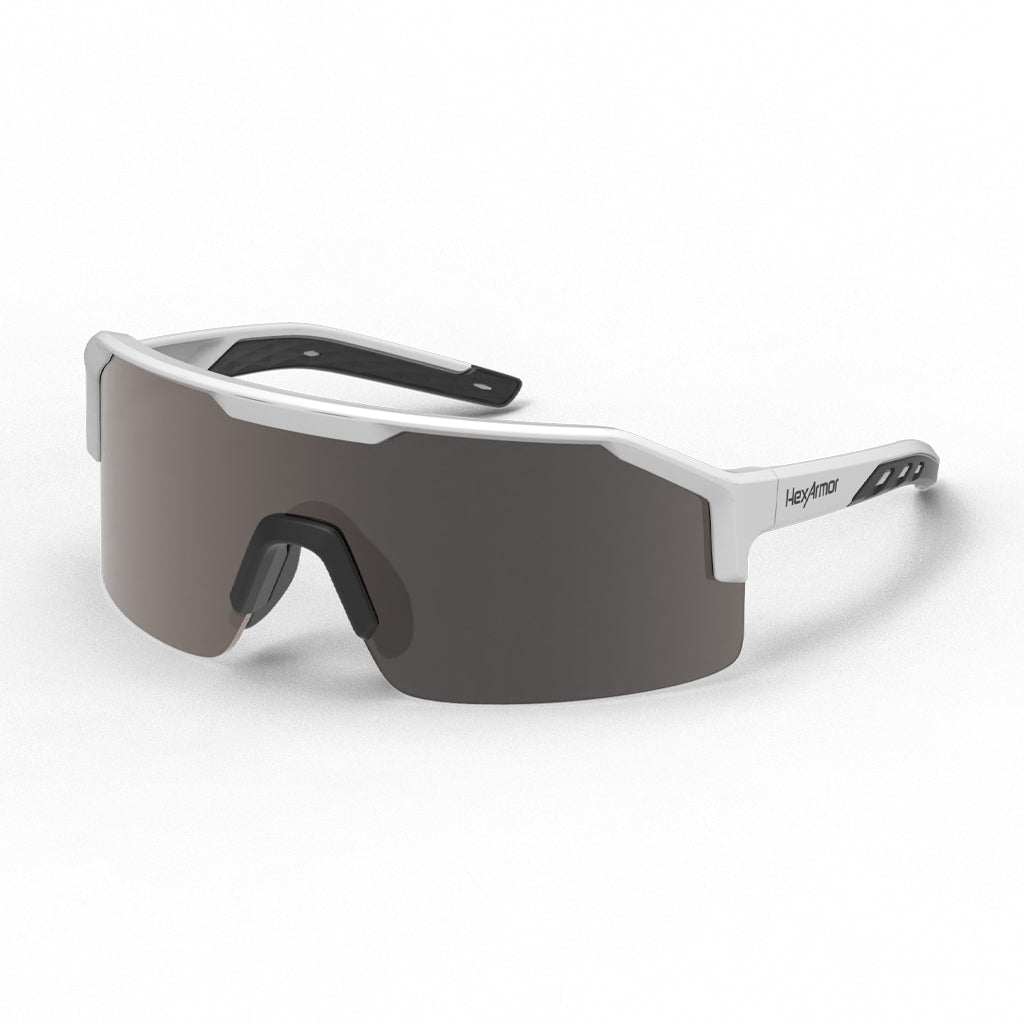 Shockwave safety glasses shown as they are sitting on a table.
