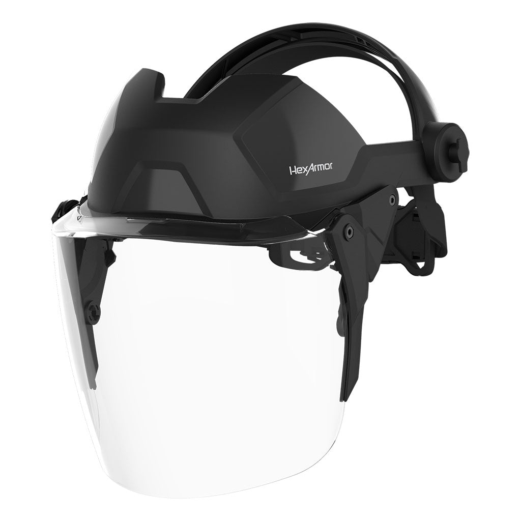 Ultrex1 clear face shield system with the face shield down. 